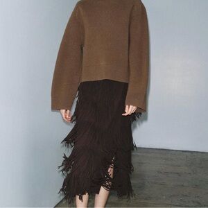 Zara Dark Brown Fringe Midi Skirt
